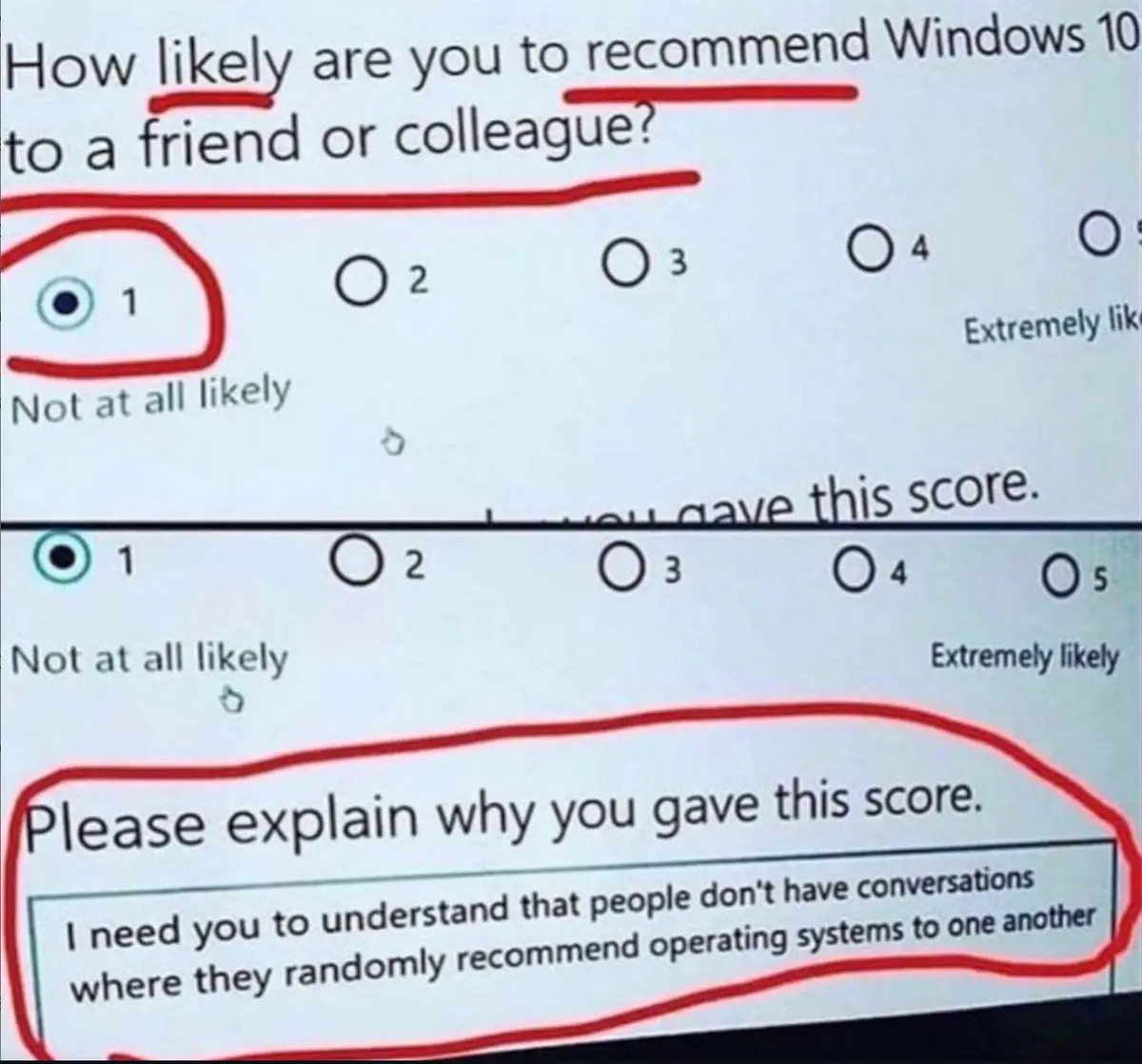 A screenshot of a Windows 10 satisfaction survey shows a user selecting '1' (Not at all likely) for recommending the OS. The…