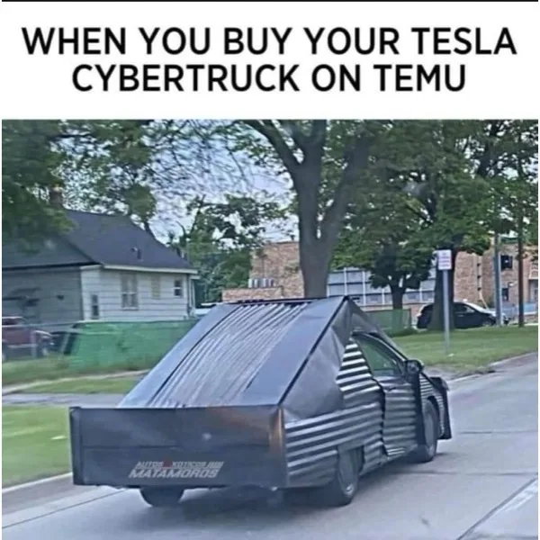A vehicle resembling a Tesla Cybertruck is shown driving down a residential street, but its body is clearly made of…