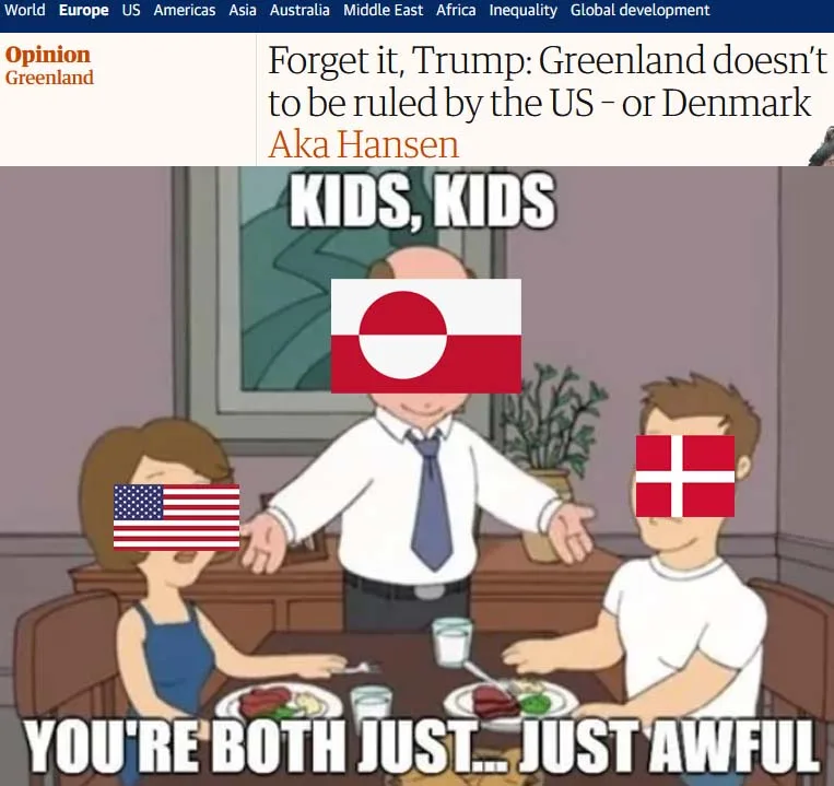 A cartoon image of a family dinner scene from 'Family Guy' with the father's face covered by the flag of Greenland, the…