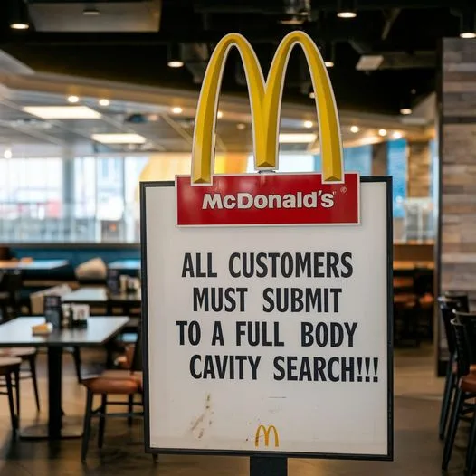 A McDonald's sign inside a restaurant displays a satirical notice stating 'ALL CUSTOMERS MUST SUBMIT TO A FULL BODY CAVITY…