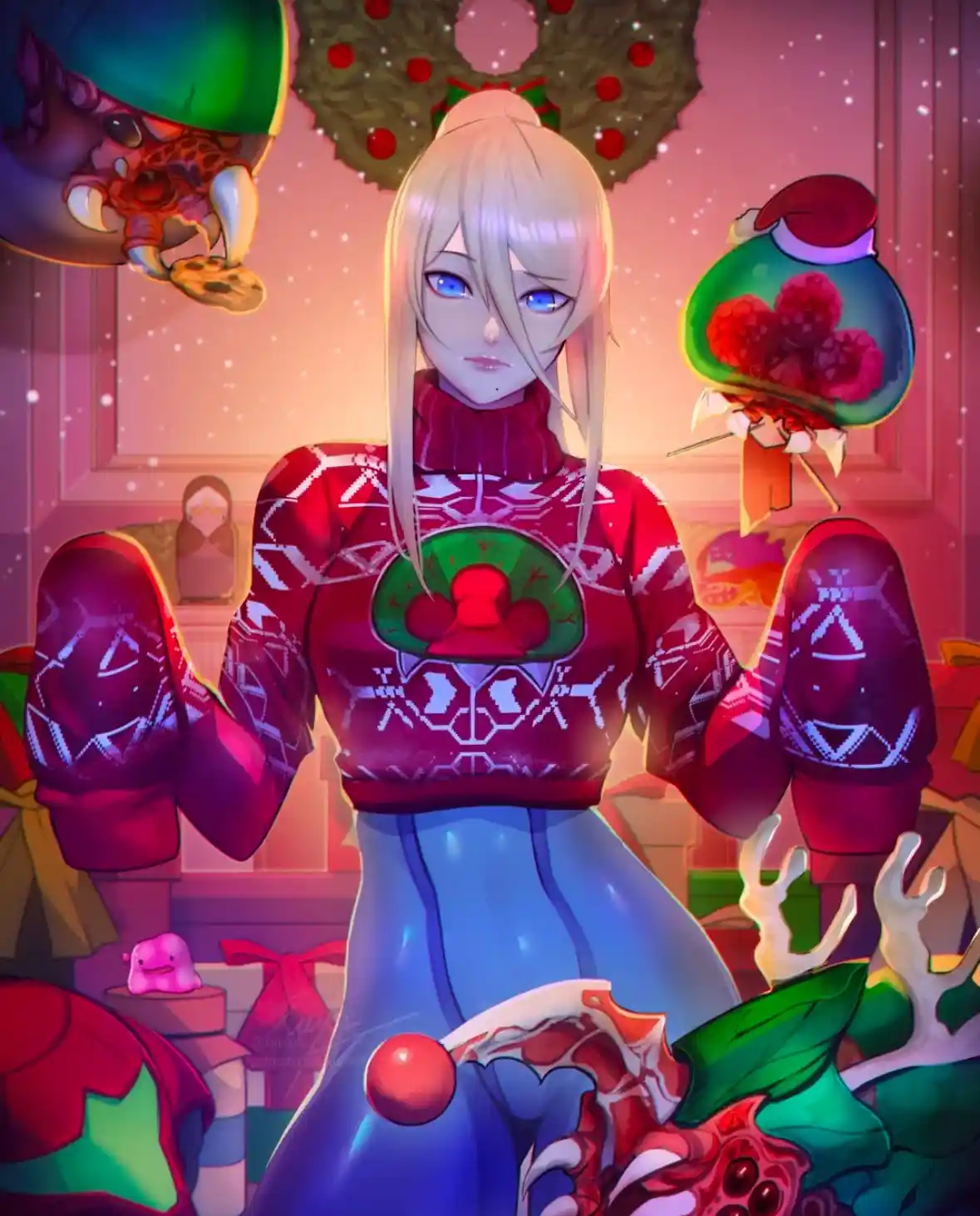 A blonde anime-style woman with blue eyes wears a red holiday sweater and matching mittens, standing in a festive room…