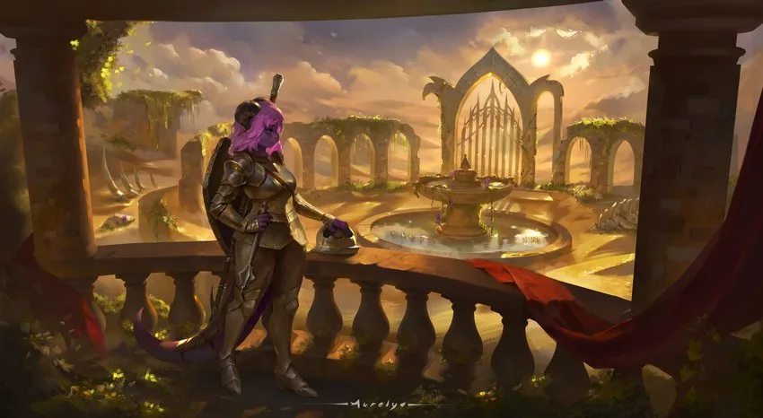 A fantasy illustration shows a purple-haired armored woman standing on a stone balcony overlooking ancient ruins and a…