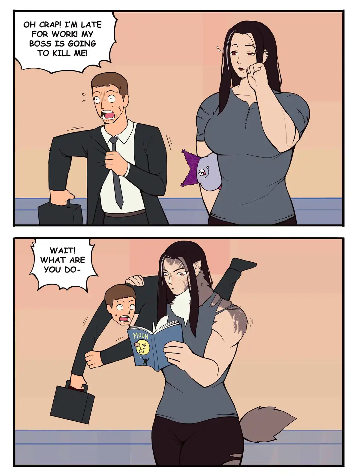 A two-panel comic shows a panicked man in a suit rushing to work, yelling he's late and his boss will kill him. A woman with…