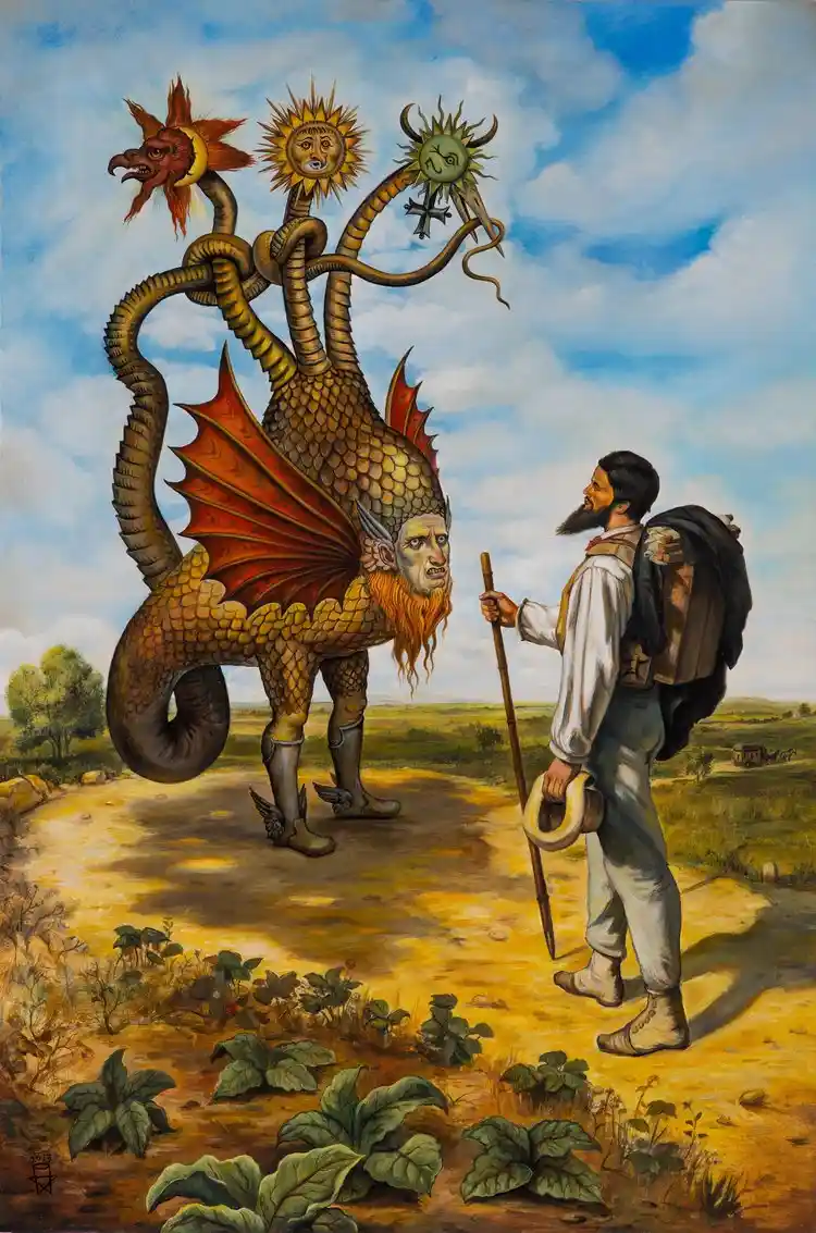 a man with a backpack and walking stick stands on a dirt path facing a large, multi-headed dragon. The dragon has three…