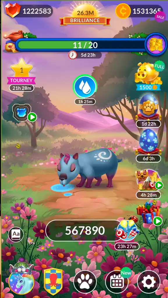A screenshot from a mobile game shows a blue, cartoonish animal drinking from a puddle in a colorful, flower-filled…