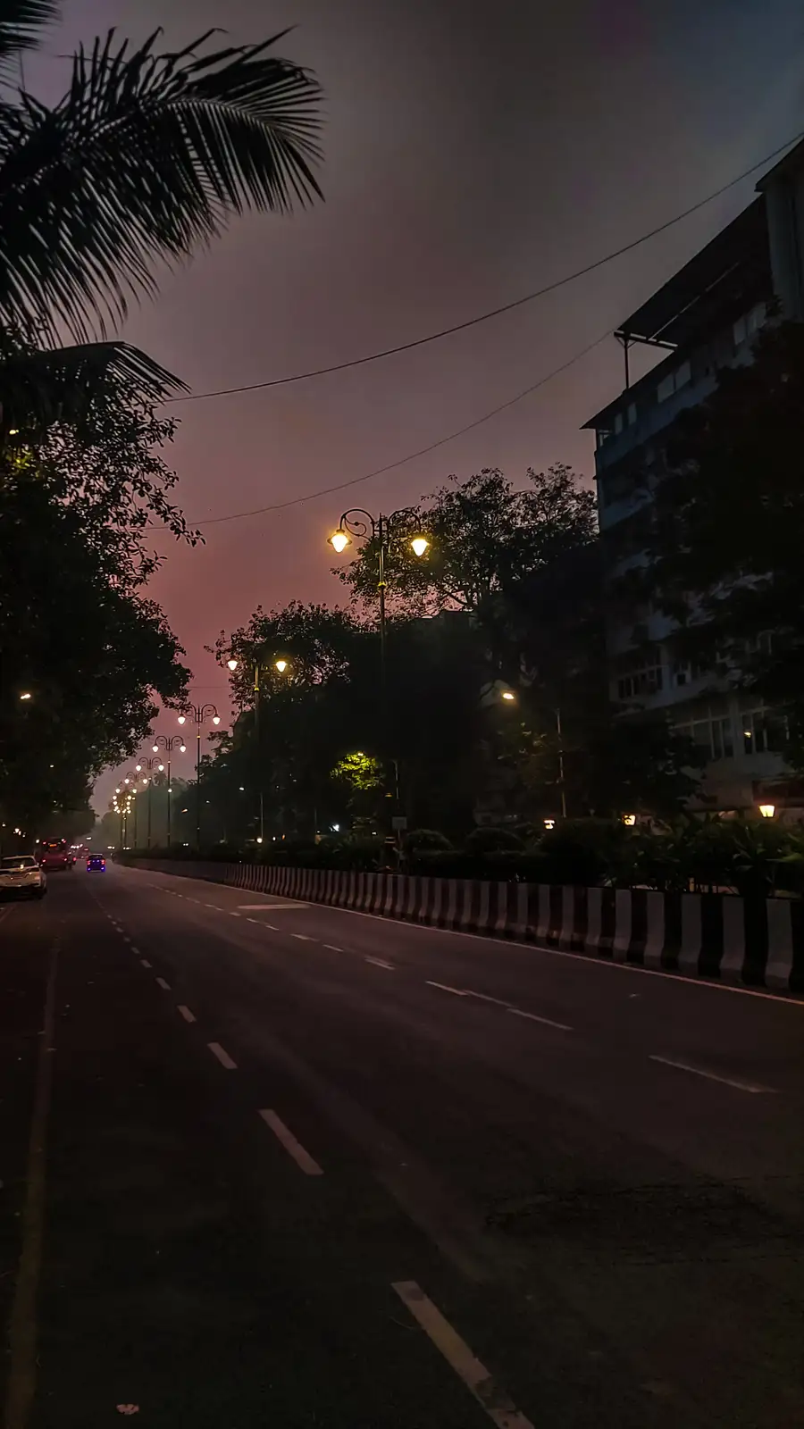 A dimly lit urban street at dusk or dawn, featuring a wide road with sparse traffic, ornate streetlights glowing warmly…
