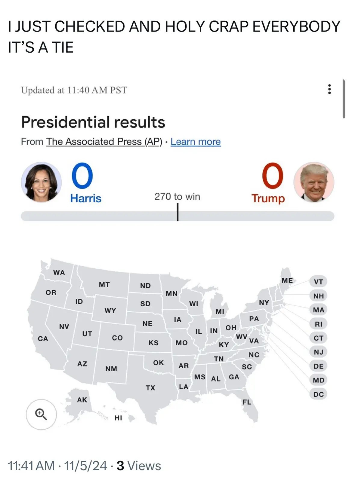 An image of a fake election results page from The Associated Press showing Kamala Harris and Donald Trump each with a large…
