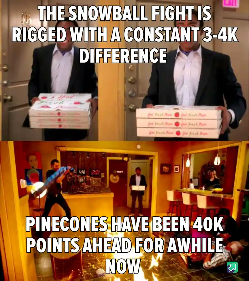 The top panel shows two men in suits holding stacks of 'Hot Fresh Pizza' boxes, with text claiming 'THE SNOWBALL FIGHT IS…
