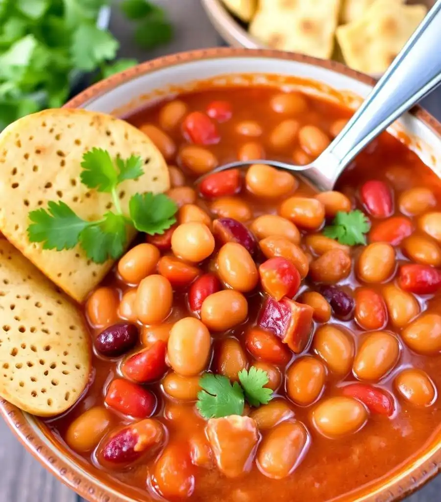 A close-up photo of a bowl of mixed beans in a red sauce, garnished with cilantro and accompanied by round, perforated…