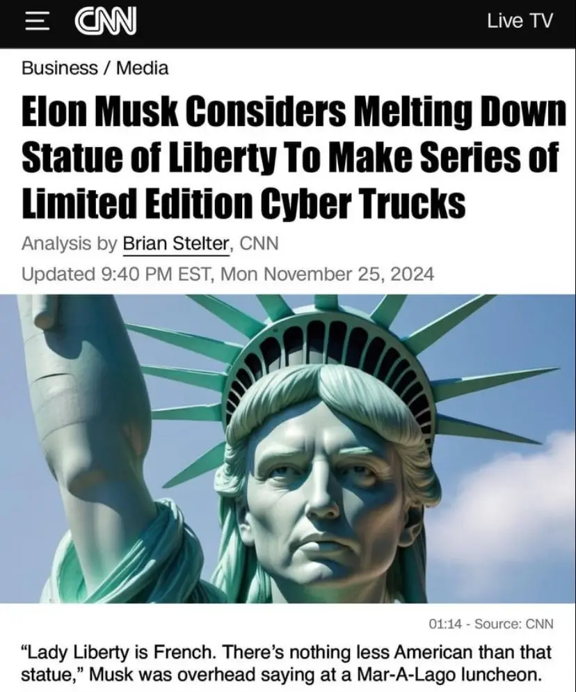 A fake CNN news article screenshot shows a headline claiming Elon Musk is considering melting down the Statue of Liberty to…
