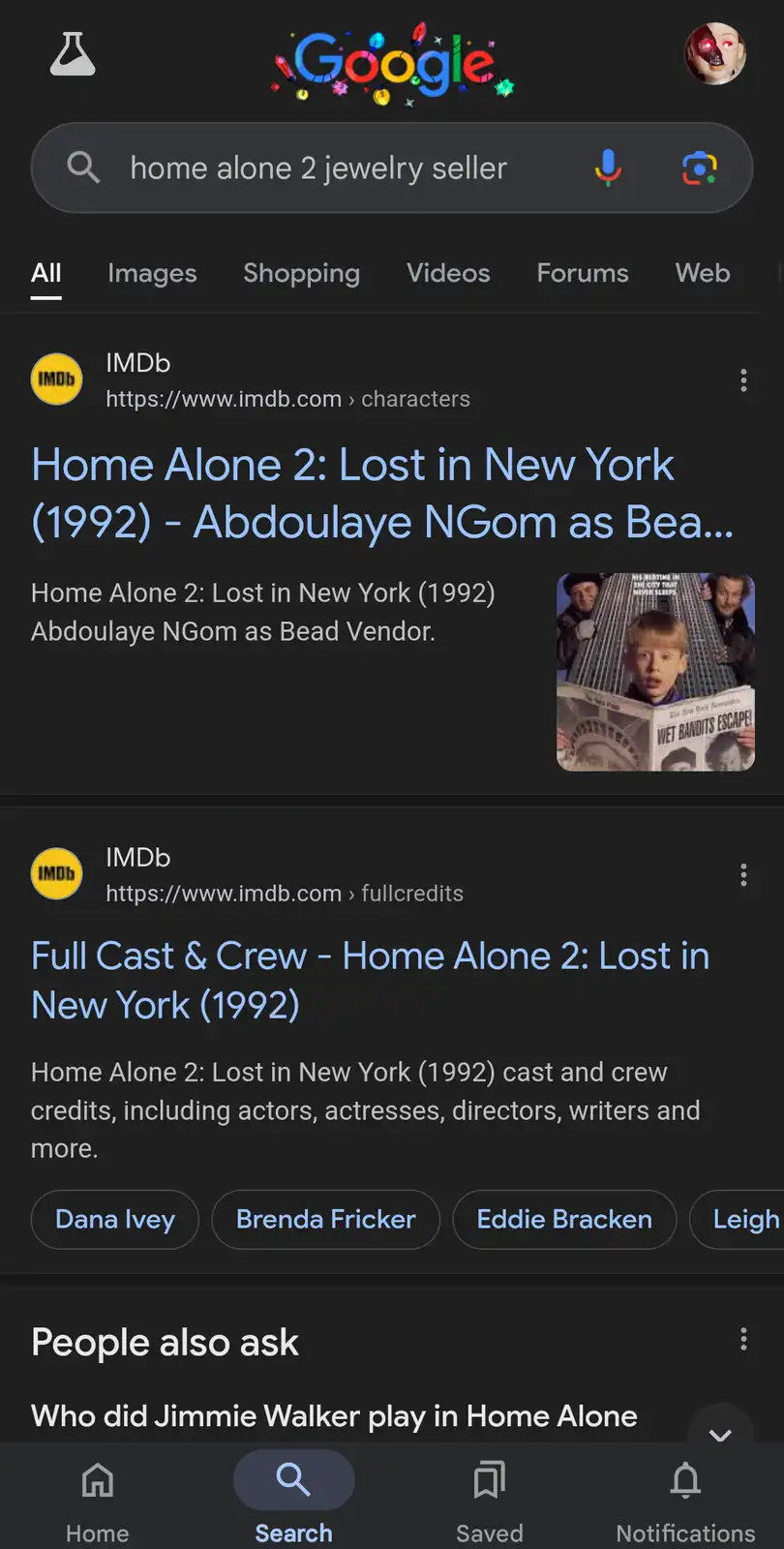 A Google search results page for 'home alone 2 jewelry seller' shows IMDb links for 'Home Alone 2: Lost in New York (1992)'…