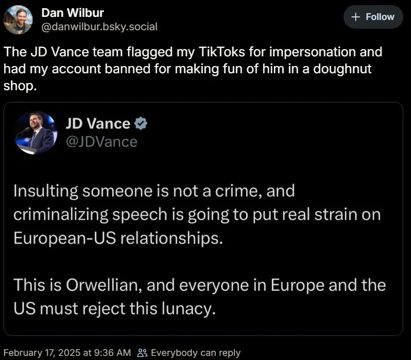 A screenshot of a social media post by Dan Wilbur showing a tweet from JD Vance that reads 'Insulting someone is not a…