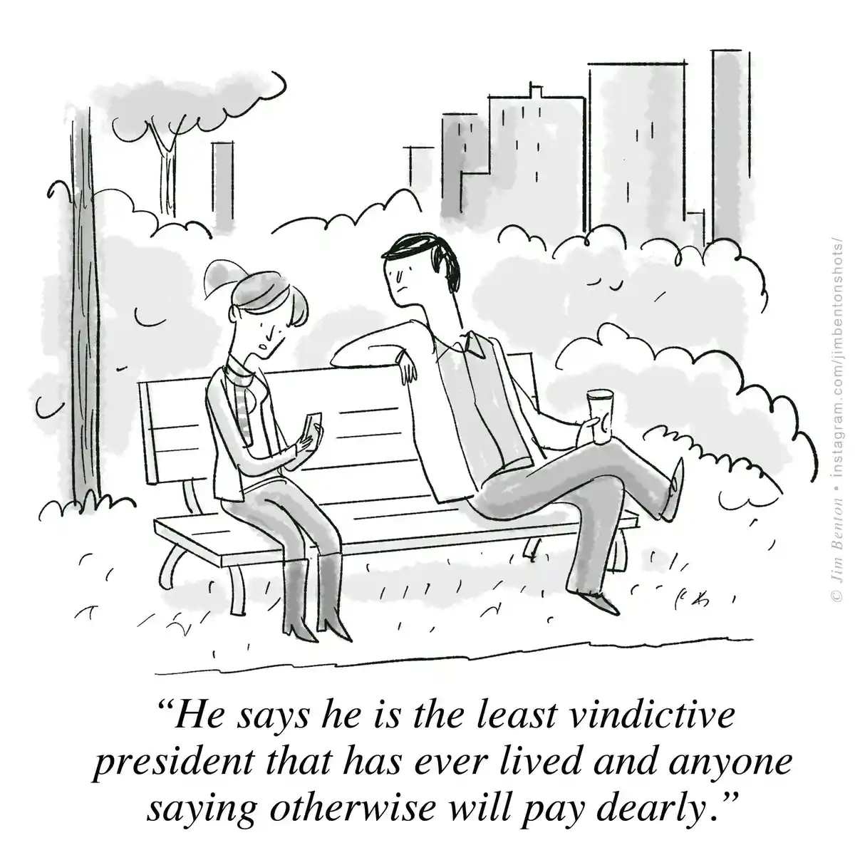 A black-and-white cartoon shows two people sitting on a park bench. The person on the left, a woman, is looking at her phone…