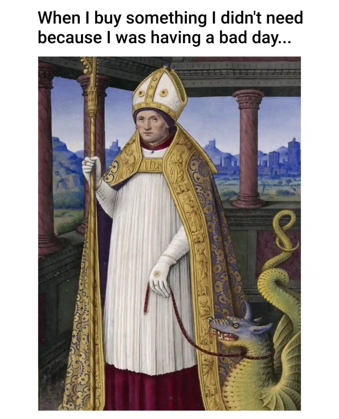 A classical painting depicts a solemn bishop in ornate white and gold vestments holding a staff, standing beside a dragon he…