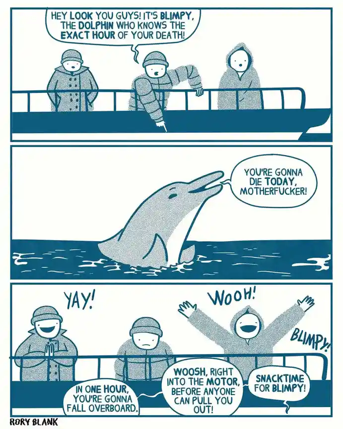 A three-panel comic strip in blue and white shows three people on a boat. One points out a dolphin named Blimpy, who tells…