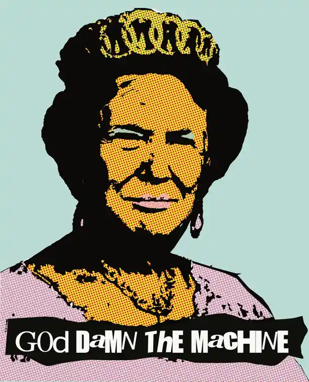 A stylized pop art portrait of a woman with a large afro, wearing a tiara and a patterned top, rendered in bold black…
