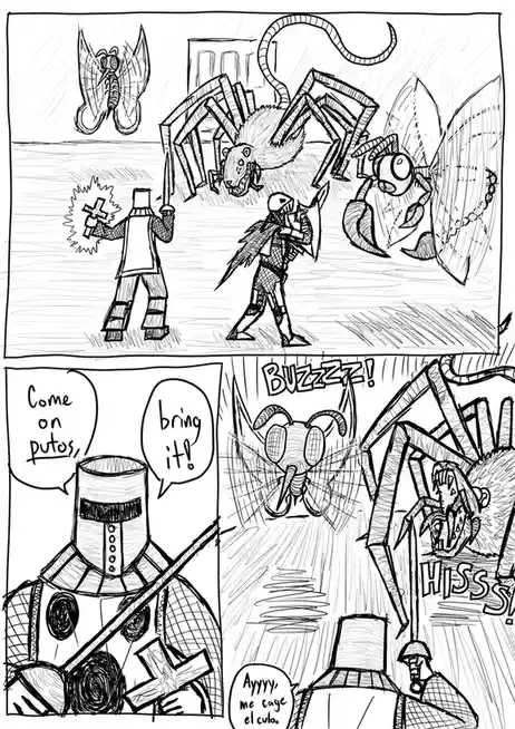 A black-and-white comic strip shows two armored figures facing giant insect-like monsters. One figure holds a glowing cross…