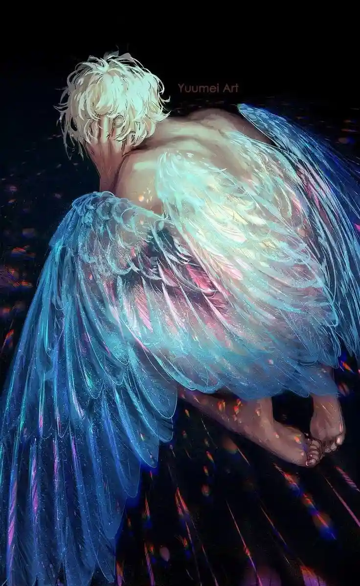 A person with short, messy blonde hair and large, translucent blue and white wings is shown from behind, hunched over with…