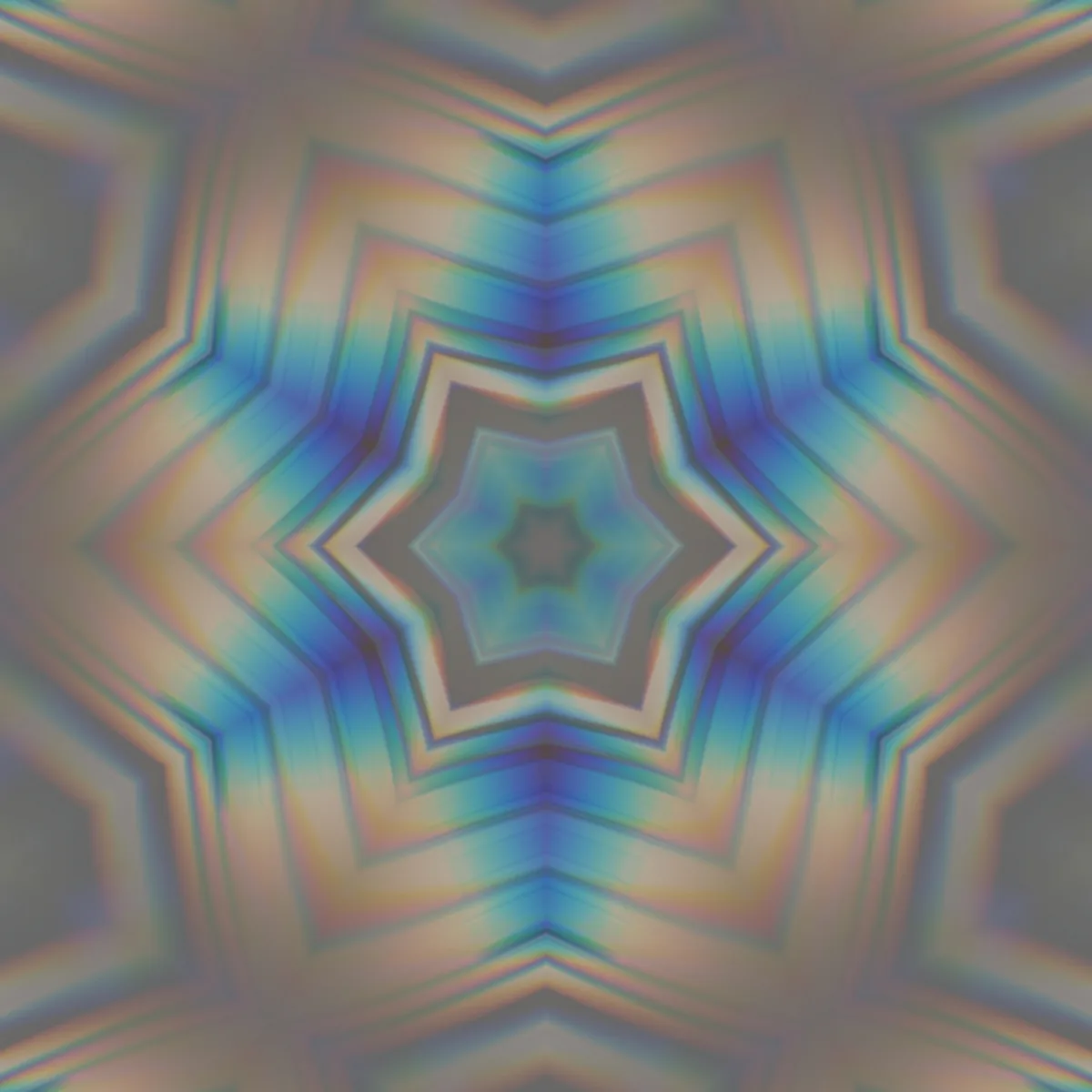 The image displays a symmetrical, kaleidoscopic pattern with concentric star-like shapes radiating outward, featuring soft…
