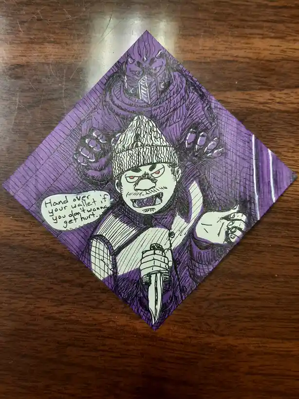 A hand-drawn, purple-colored comic panel on a napkin depicts a menacing man in a beanie holding a knife, with a speech…