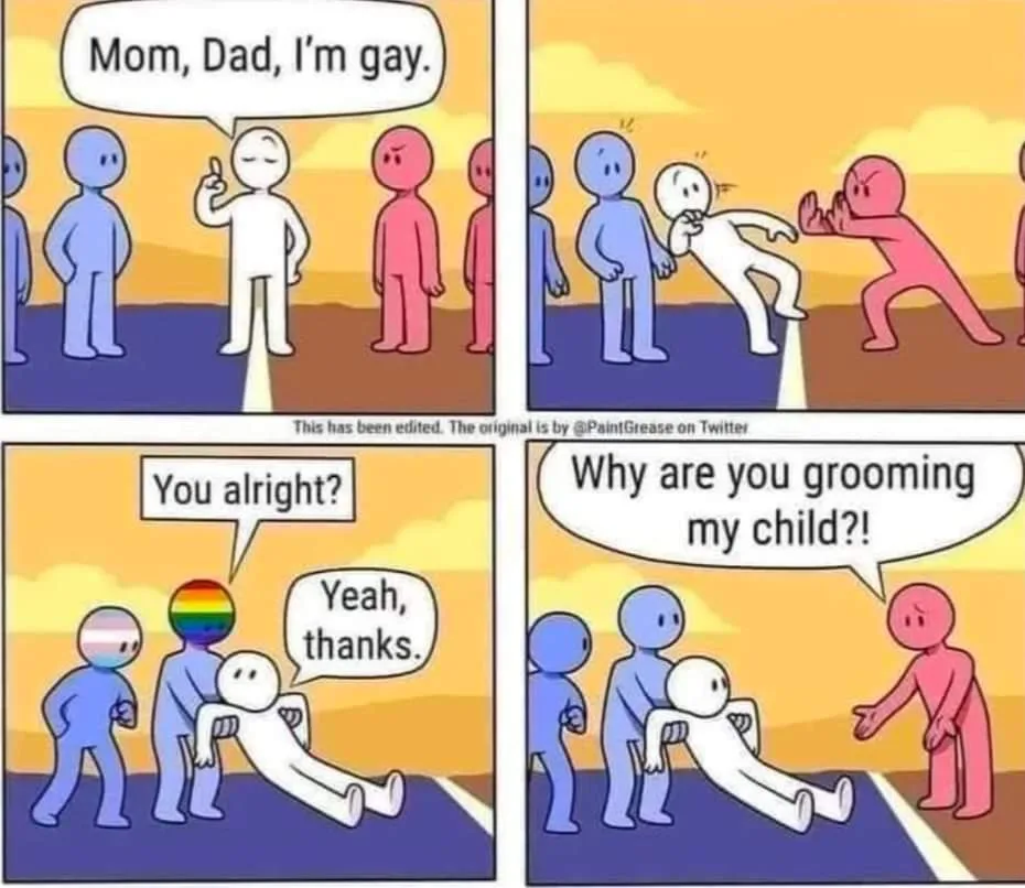 A four-panel comic strip featuring stick figures. In the first panel, a white stick figure tells blue and pink stick figures…