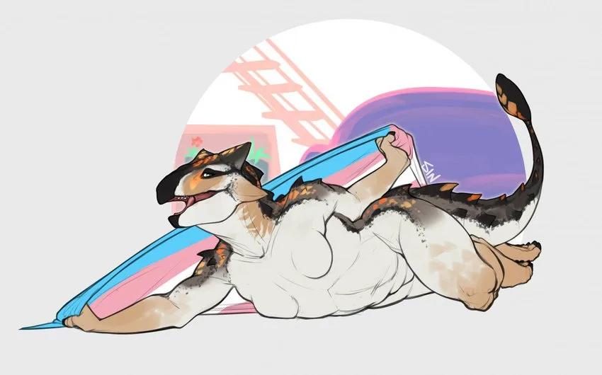 A cartoon dragon with a muscular build and orange-brown markings is lying on its stomach, holding a blue, pink, and white…