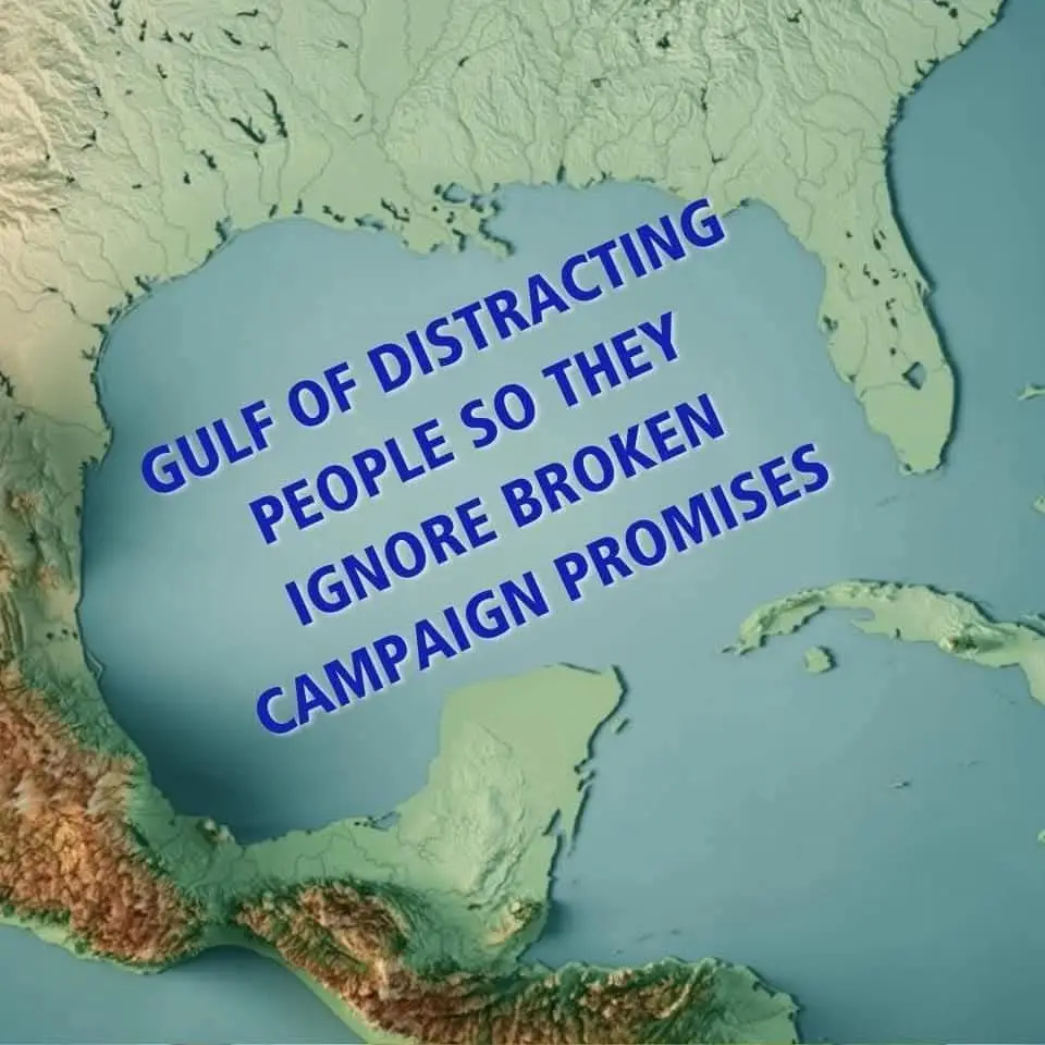 A 3D topographical map shows the Gulf of Mexico, with blue text overlaid that reads 'GULF OF DISTRACTING PEOPLE SO THEY…