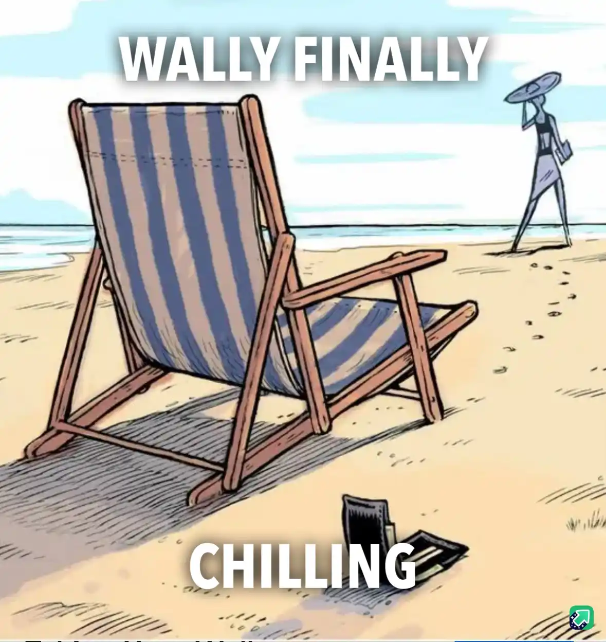 A cartoon beach scene shows an empty blue-and-white striped deck chair in the foreground, with a woman in a bikini and…
