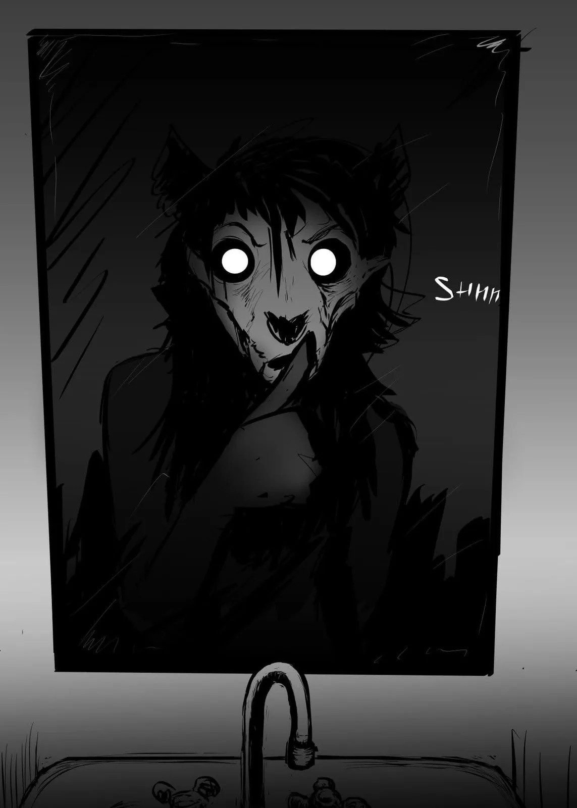 A black-and-white drawing shows a monstrous, wolf-like creature with glowing white eyes and sharp teeth, pressing a finger…