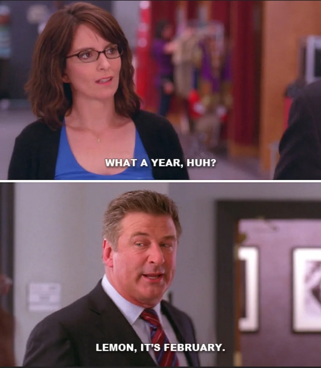 The image is a two-panel meme featuring a woman with glasses and a blue top saying 'WHAT A YEAR, HUH?' and a man in a suit…