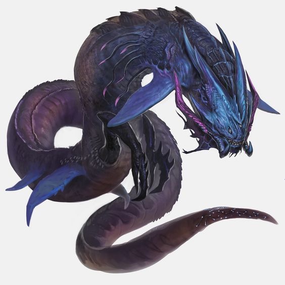 A menacing, coiled dragon with dark blue and purple scales, sharp horns, and glowing eyes is shown against a plain white…