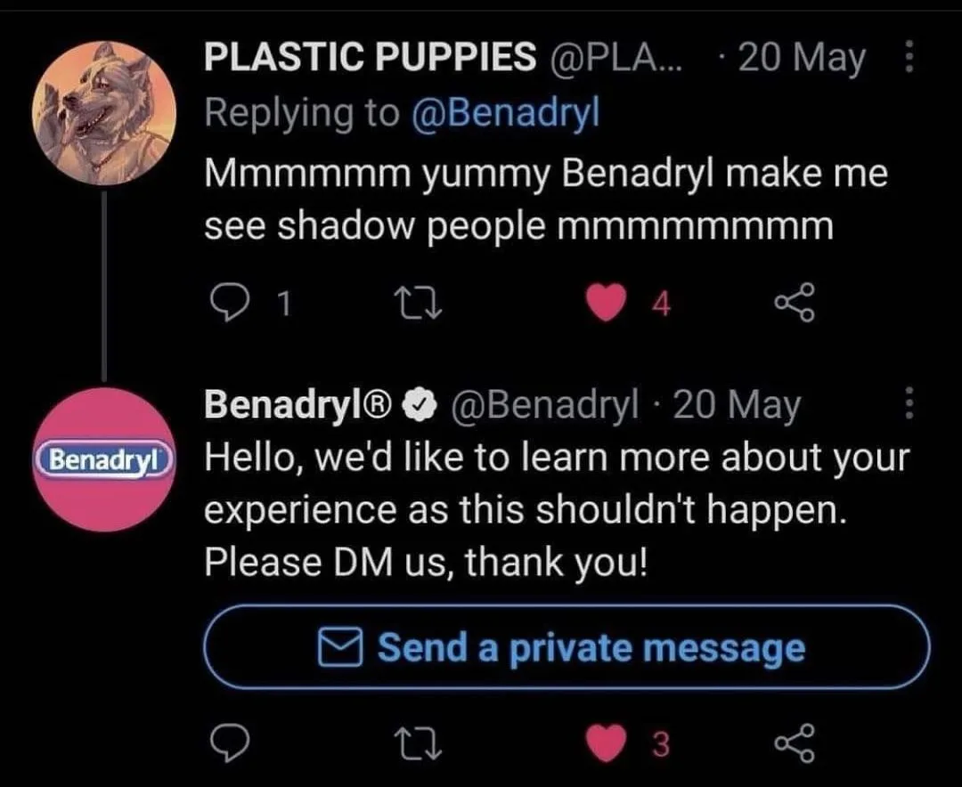 A screenshot of a Twitter thread shows a user named 'PLASTIC PUPPIES' complaining that Benadryl makes them see 'shadow…