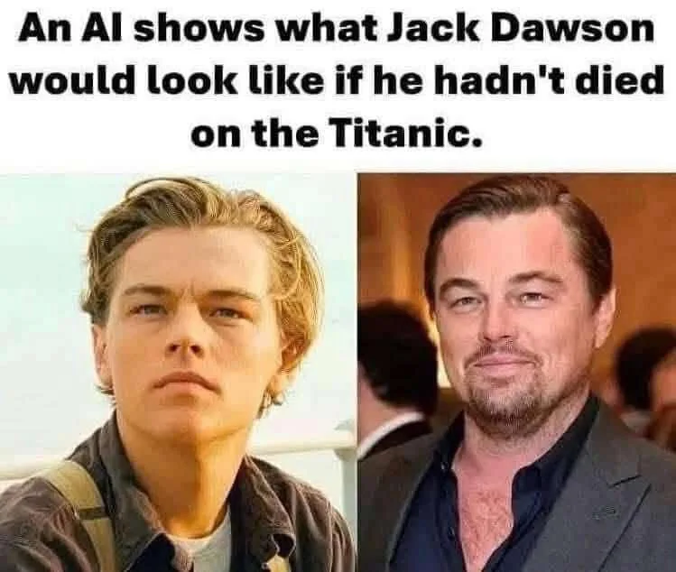 The image displays two side-by-side photos of actor Leonardo DiCaprio. The left photo shows him as the young Jack Dawson…