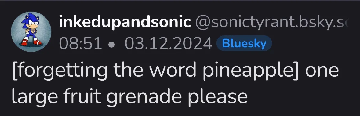 A screenshot of a Bluesky social media post by user 'inkedupandsonic' showing a Sonic the Hedgehog profile picture. The…