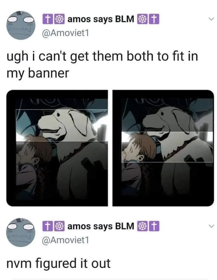 Two side-by-side anime panels show a large white dog and a small child in a car, with a white horizontal line drawn across…
