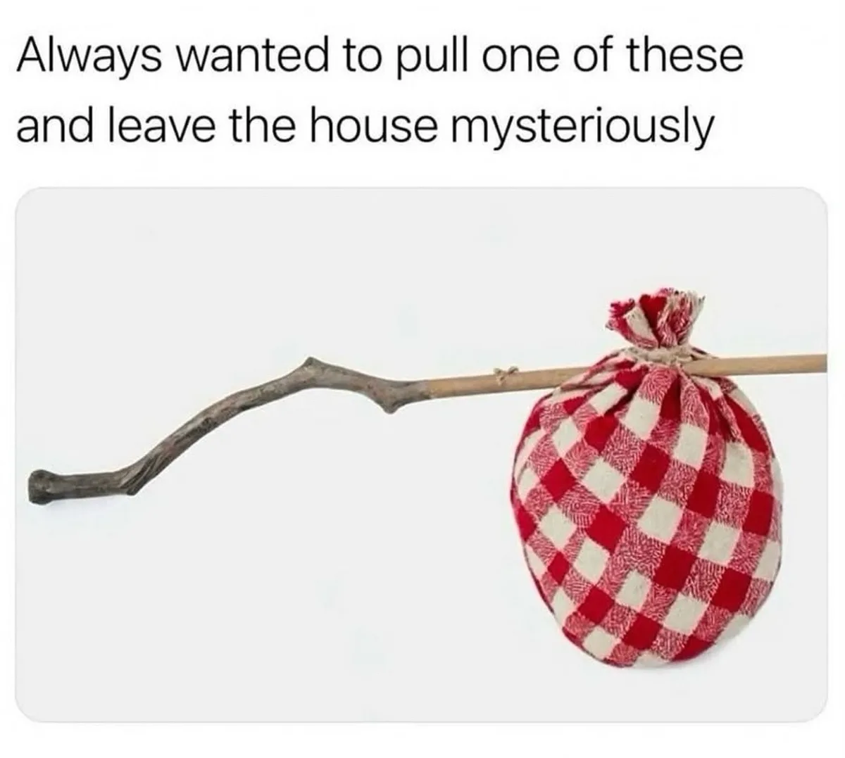 A red-and-white checkered sack tied to a wooden stick, resembling a makeshift magic wand, is shown against a plain white…