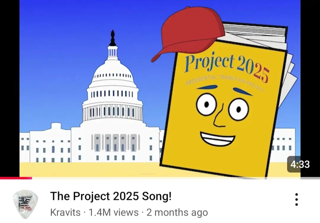 A cartoon book titled 'Project 2025 Presidential Transition Project' with a smiling face and a red cap is superimposed over…