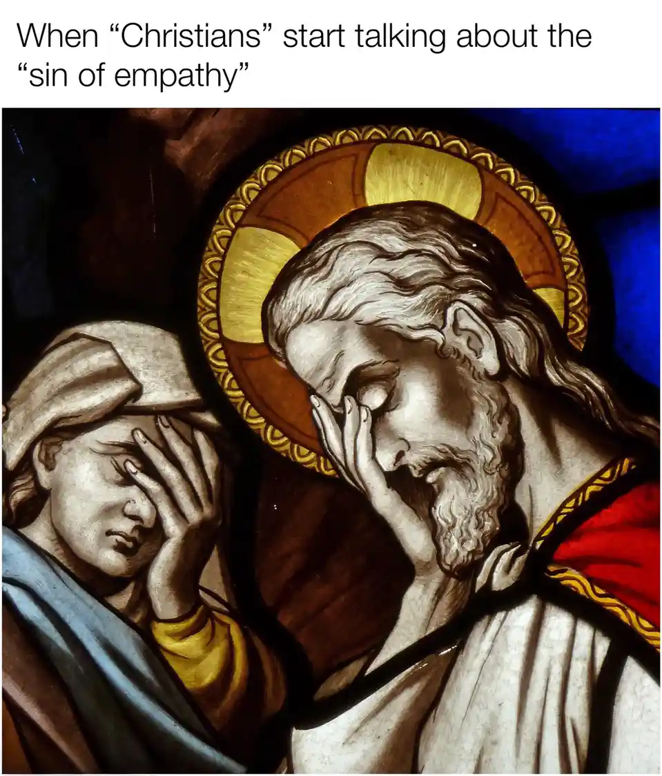 A stained glass image depicts Jesus Christ with a golden halo, his hand covering his face in apparent sorrow or distress…