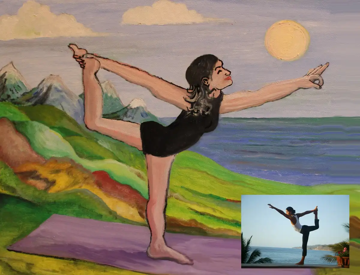 A painted scene shows a woman in a black outfit performing a yoga pose on a purple mat against a backdrop of mountains…