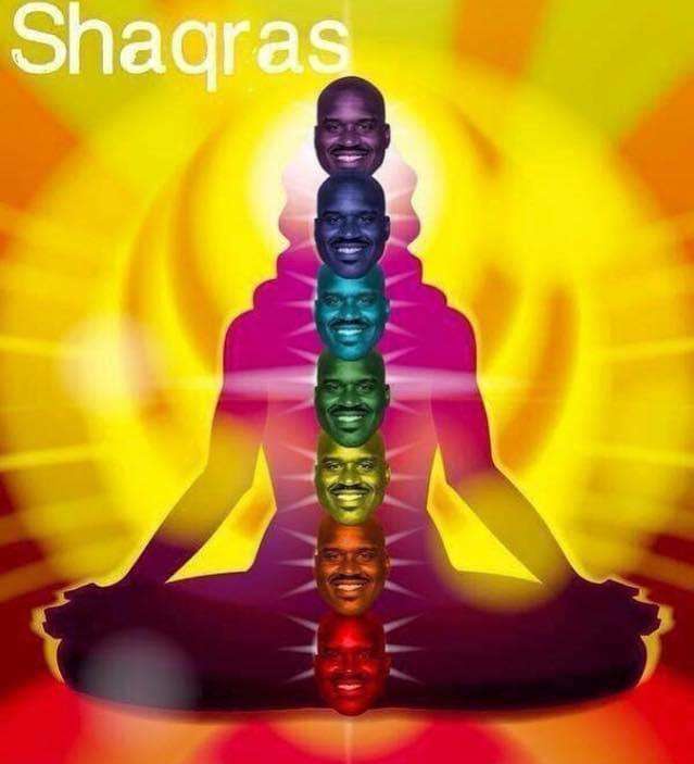 A silhouette of a person in a meditative lotus pose is filled with seven stacked heads of Shaquille O'Neal, each tinted a…