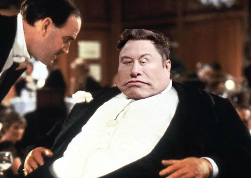 A man in a tuxedo with a pained, unimpressed expression has his head replaced with a photo of Elon Musk. Another man in a…