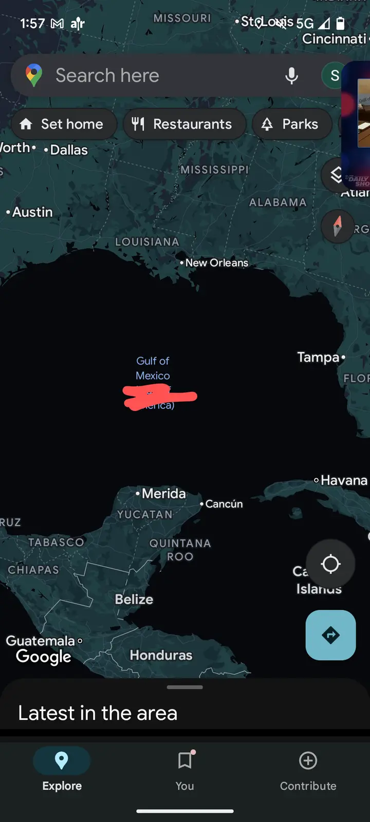 A screenshot of a Google Maps interface showing the Gulf of Mexico, with the text 'Gulf of Mexico' visibly labeled and…