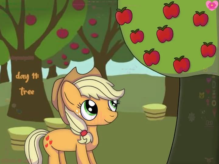 A cartoon pony with blonde hair and green eyes stands in an orchard, looking at a tree with many red apples. Text overlaid…