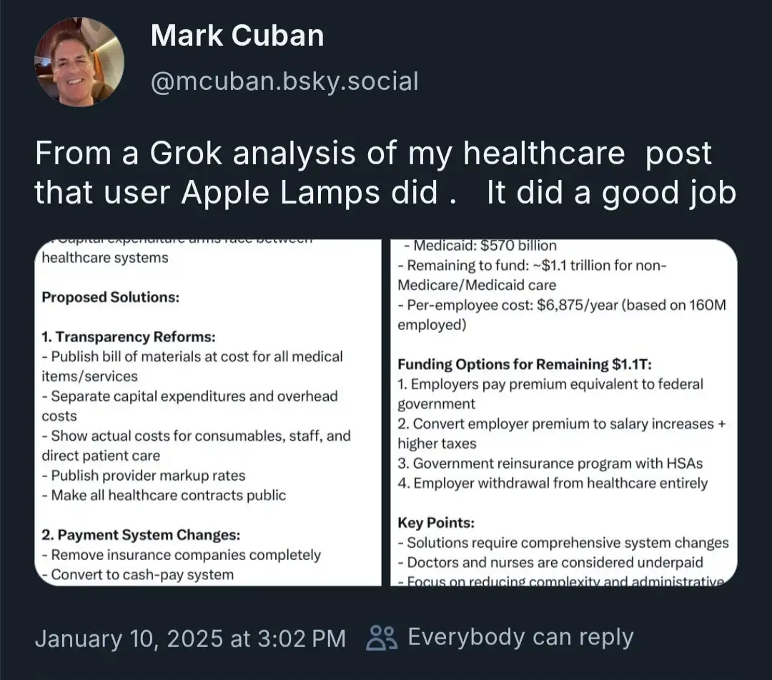 A screenshot of a social media post by Mark Cuban, who praises a Grok AI analysis of his healthcare post. The analysis…