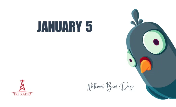 A cartoon bird with large green eyes and an orange beak looks toward the left. Text above reads 'JANUARY 5' and below reads…