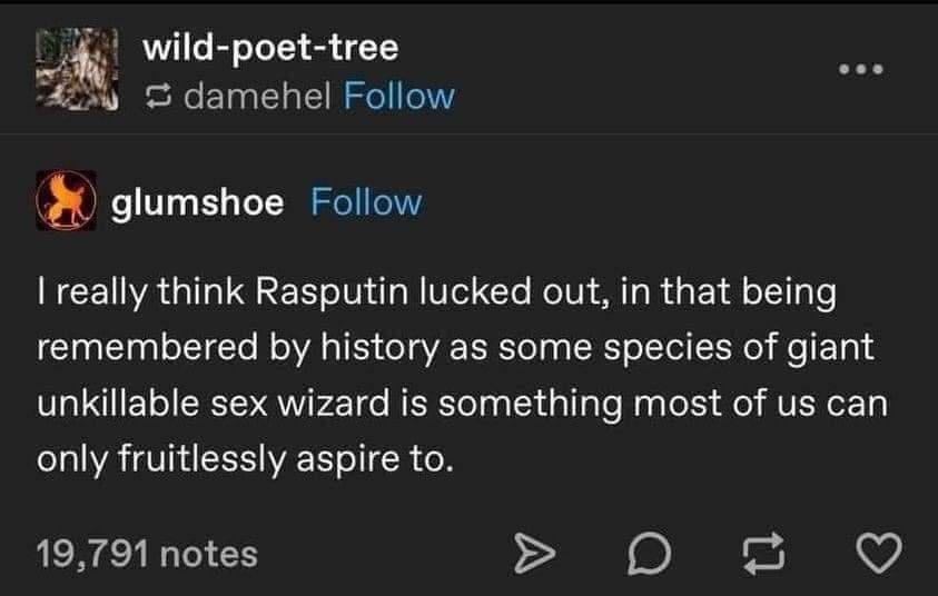 A screenshot of a Tumblr post by user 'glumshoe' showing a comment that reads: 'I really think Rasputin lucked out, in that…
