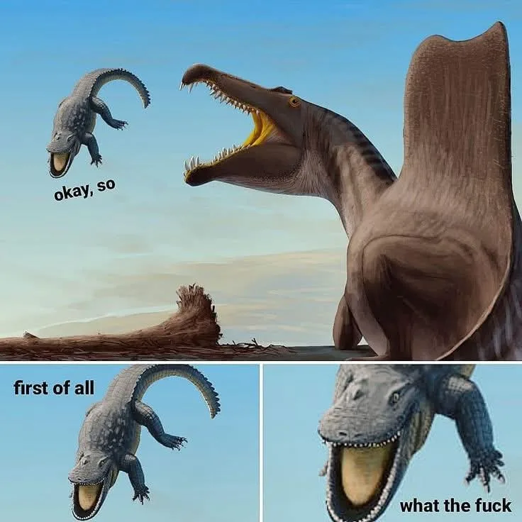 A composite image shows a small crocodile-like creature speaking to a large, spiky-backed dinosaur. The top panel has text…