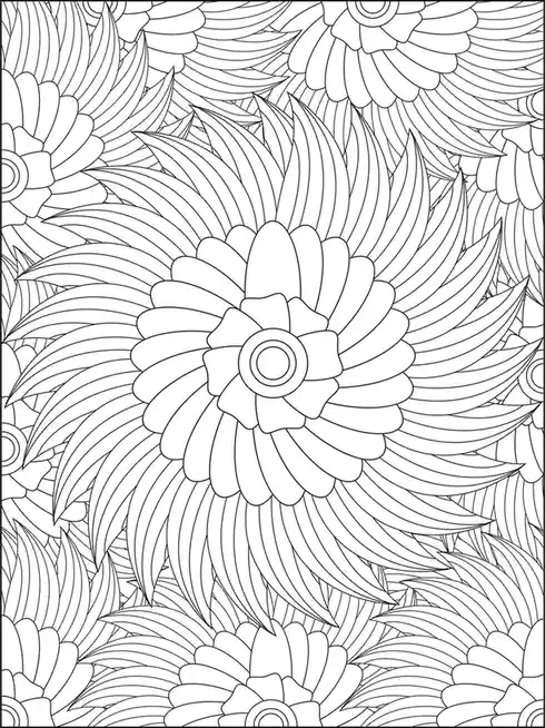 The image is a black-and-white line art coloring page featuring a dense pattern of stylized flowers and leaves. The flowers…