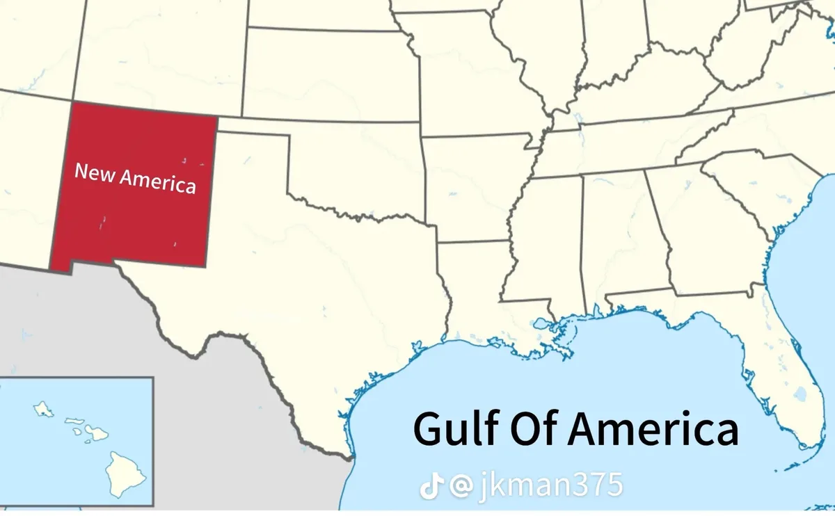 A map of the United States with New Mexico highlighted in red and labeled 'New America'. The Gulf of Mexico is labeled 'Gulf…