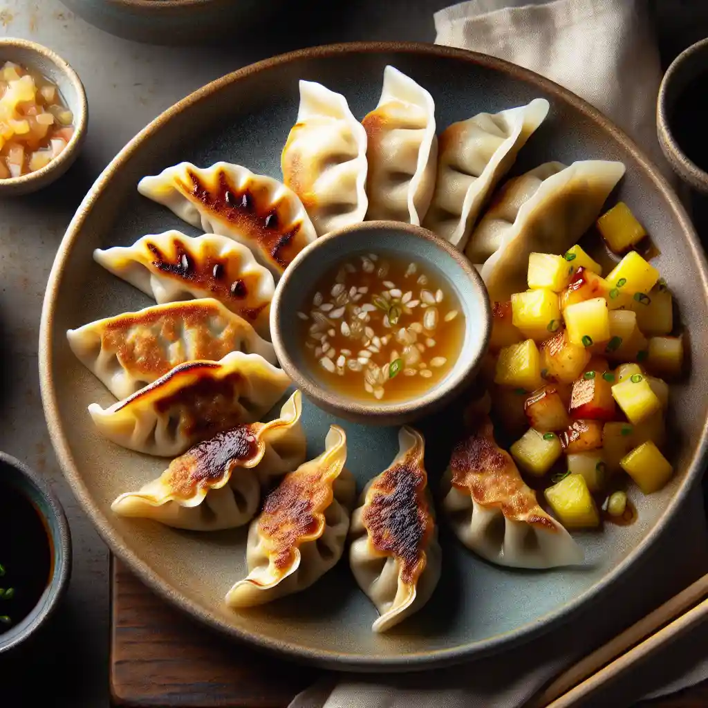 A professionally styled food photograph shows a plate of golden-brown pan-fried dumplings arranged around a central bowl of…